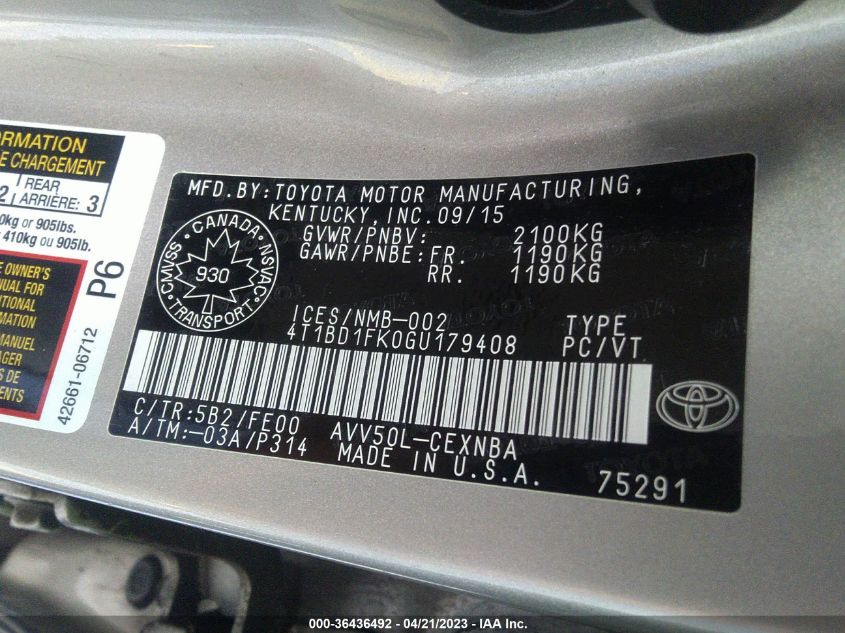 2016 TOYOTA CAMRY HYBRID LE/XLE/SE - 4T1BD1FK0GU179408