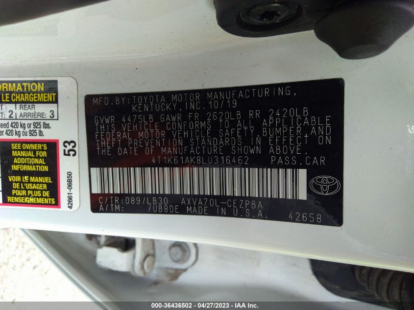 2020 TOYOTA CAMRY XSE - 4T1K61AK8LU316462