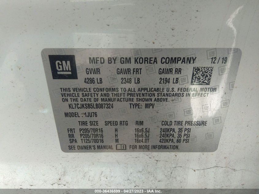 2020 CHEVROLET TRAX LS - KL7CJKSB5LB087324