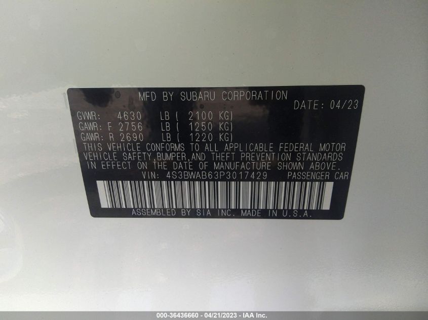 2023 SUBARU LEGACY - 4S3BWAB63P3017429