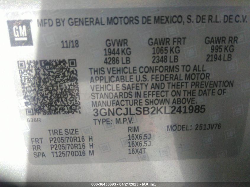 2019 CHEVROLET TRAX LT - 3GNCJLSB2KL241985