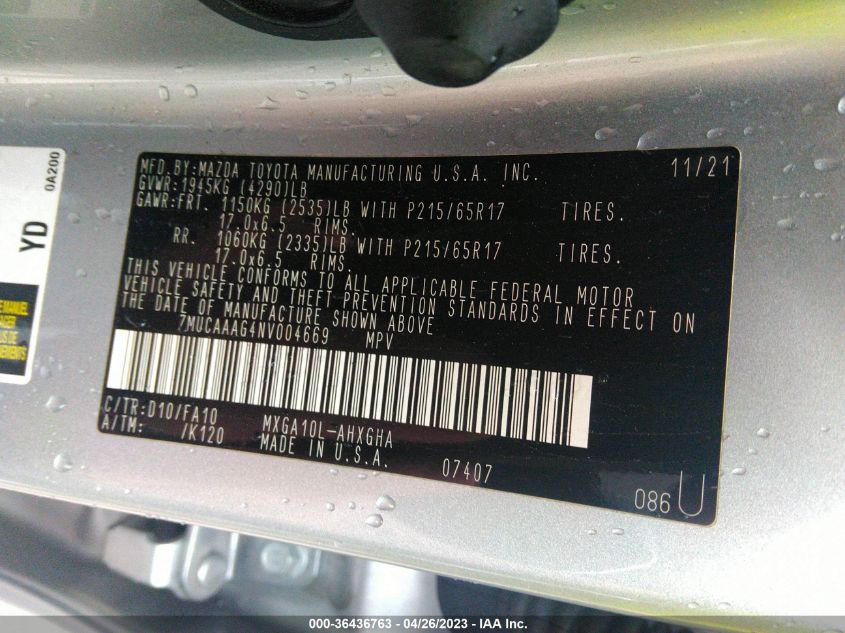 2022 TOYOTA COROLLA CROSS LE - 7MUCAAAG4NV004669