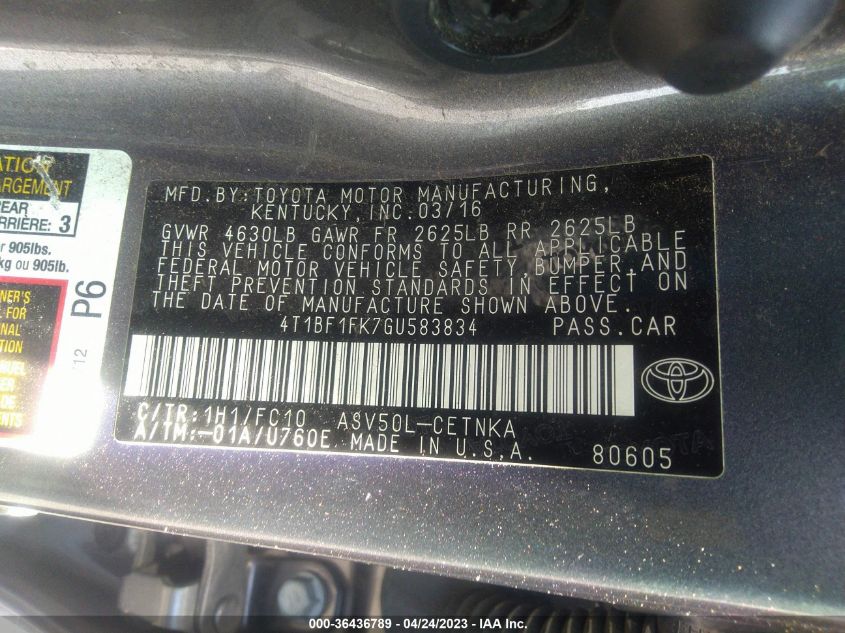 2016 TOYOTA CAMRY XLE/SE/LE/XSE - 4T1BF1FK7GU583834