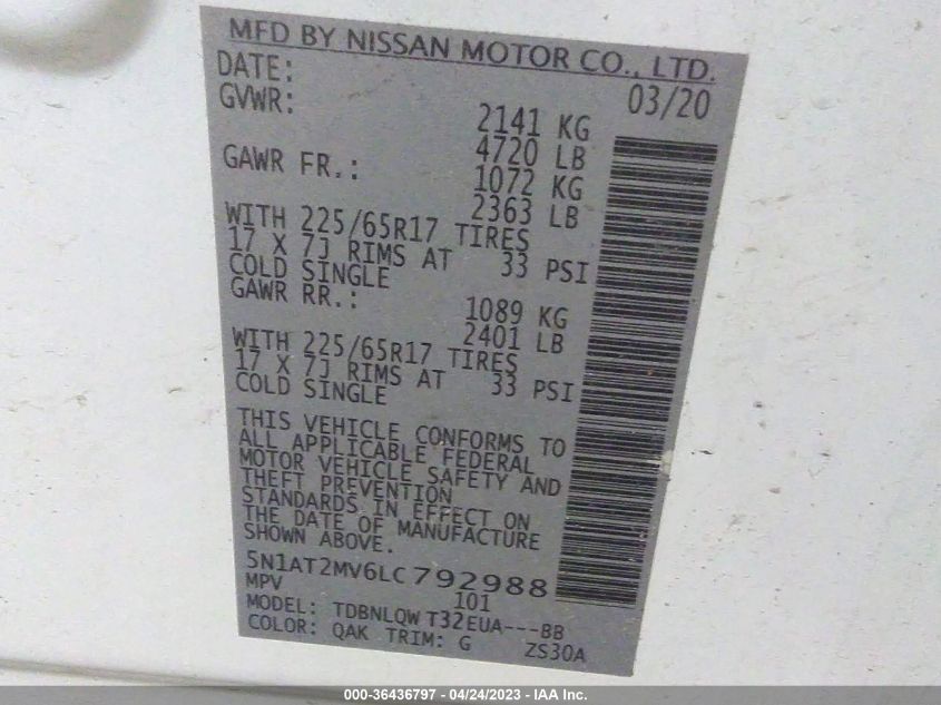 2020 NISSAN ROGUE SV - 5N1AT2MV6LC792988