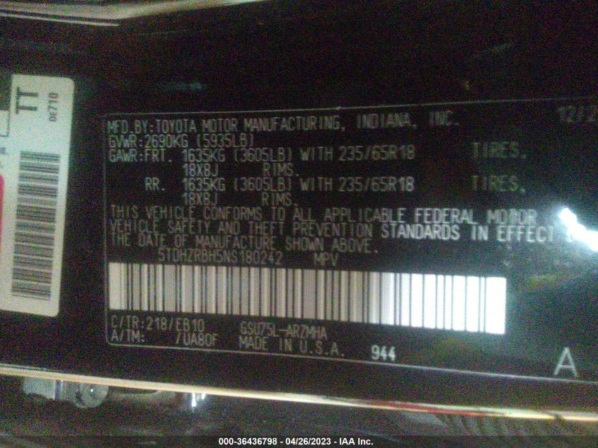 2022 TOYOTA HIGHLANDER XLE - 5TDHZRBH5NS180242