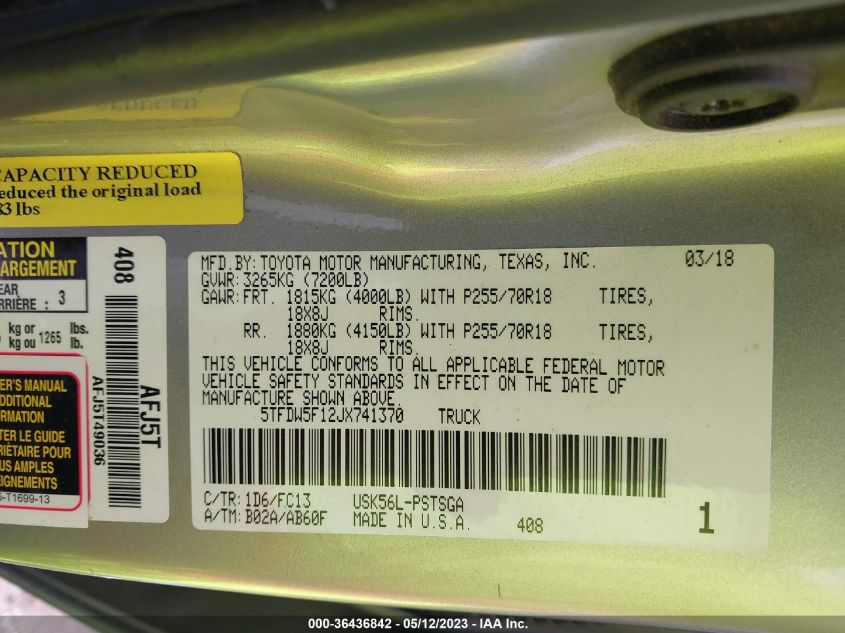 2018 TOYOTA TUNDRA 4WD SR5/LIMITED/PLATINUM - 5TFDW5F12JX741370
