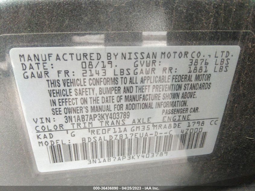 2019 NISSAN SENTRA SV - 3N1AB7AP3KY403789