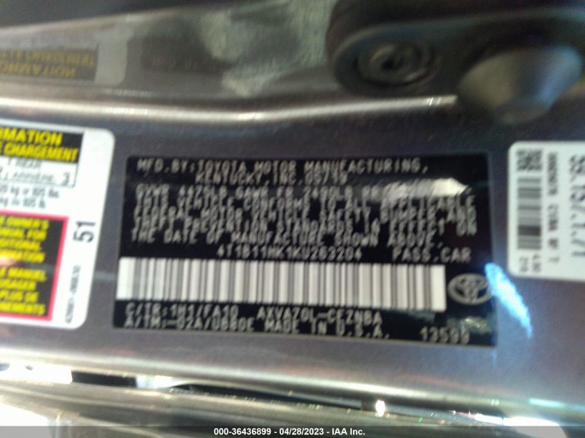 2019 TOYOTA CAMRY LE/SE/XLE/L - 4T1B11HK1KU263204