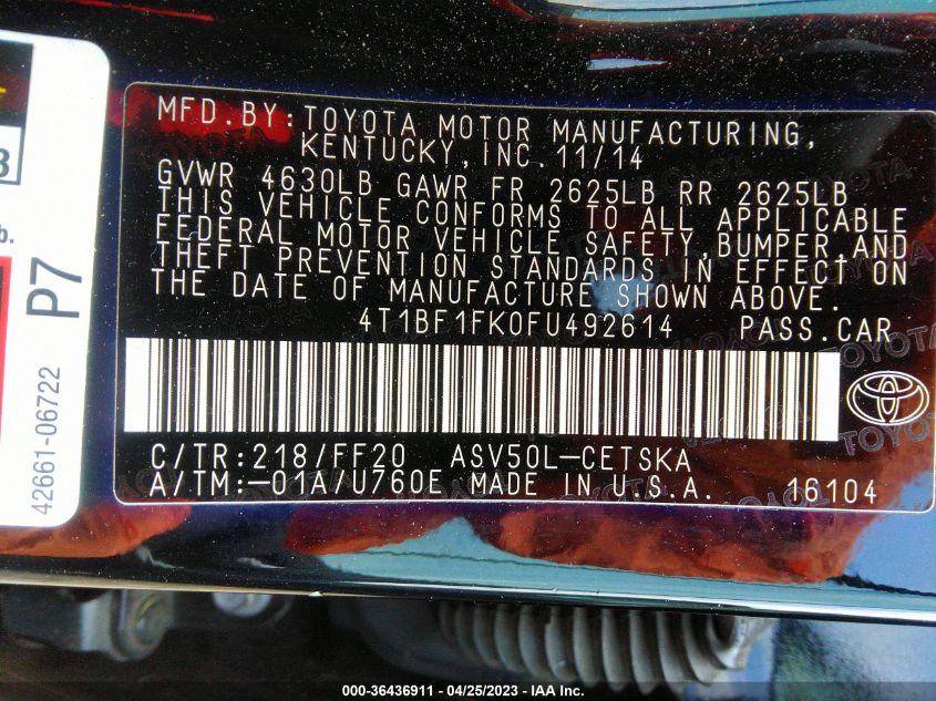2015 TOYOTA CAMRY XLE/SE/LE/XSE - 4T1BF1FK0FU492614