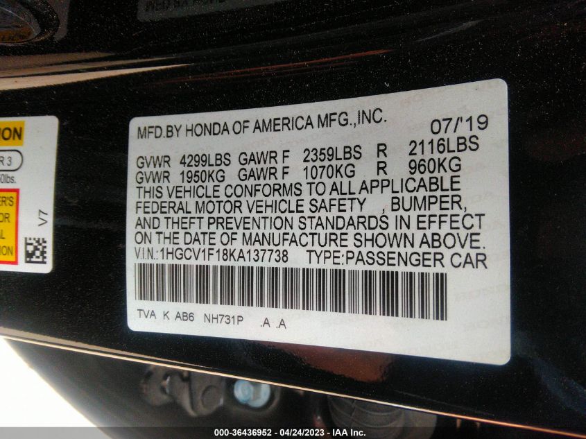 2019 HONDA ACCORD SEDAN LX 1.5T - 1HGCV1F18KA137738