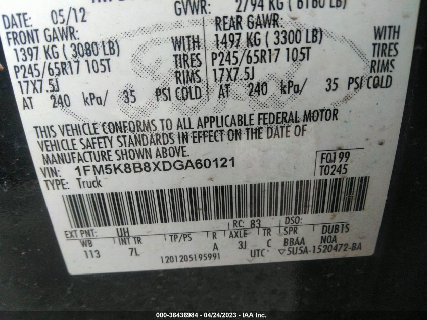 2013 FORD EXPLORER BASE - 1FM5K8B8XDGA60121