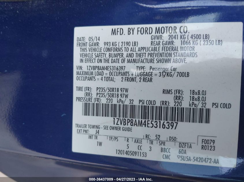 2014 FORD MUSTANG V6 - 1ZVBP8AM4E5316397