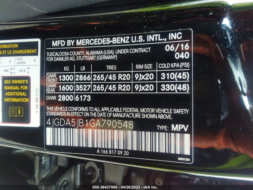 2016 MERCEDES-BENZ GLE GLE 350 - 4JGDA5JB1GA790548