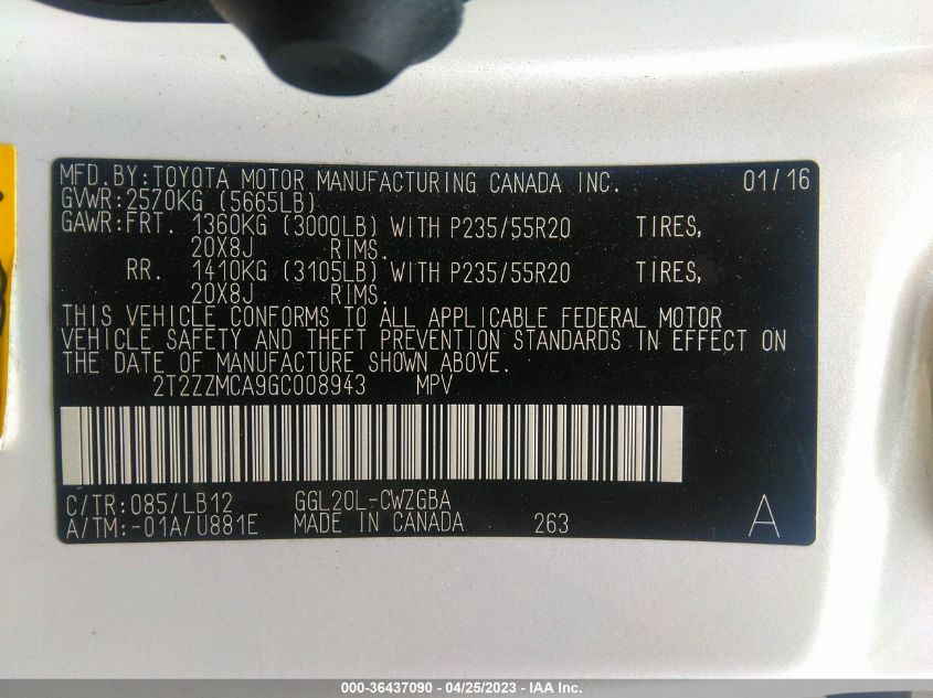 2016 LEXUS RX 350 - 2T2ZZMCA9GC008943