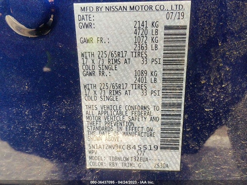 VIN 5N1AT2MV9KC845519 2019 NISSAN ROGUE SV