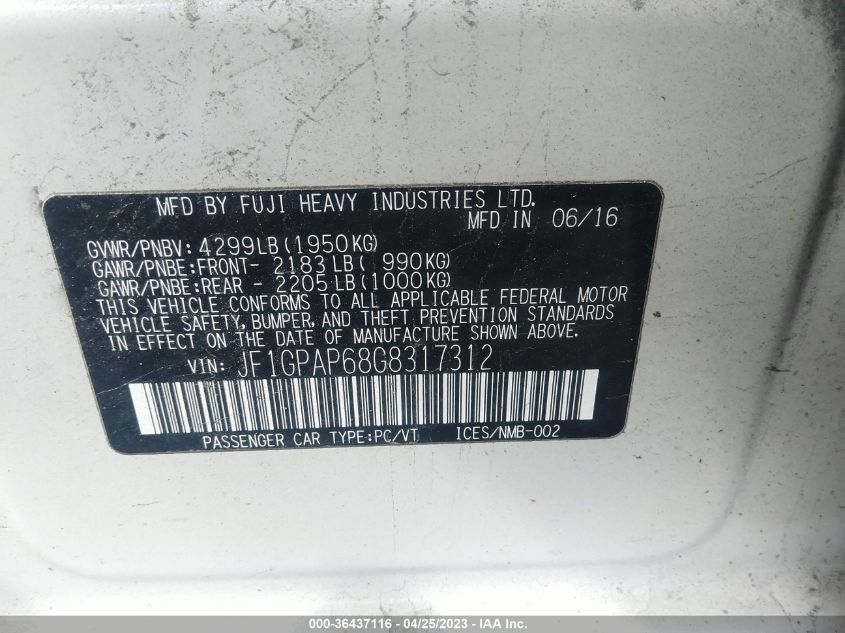2016 SUBARU IMPREZA WAGON 2.0I SPORT PREMIUM - JF1GPAP68G8317312
