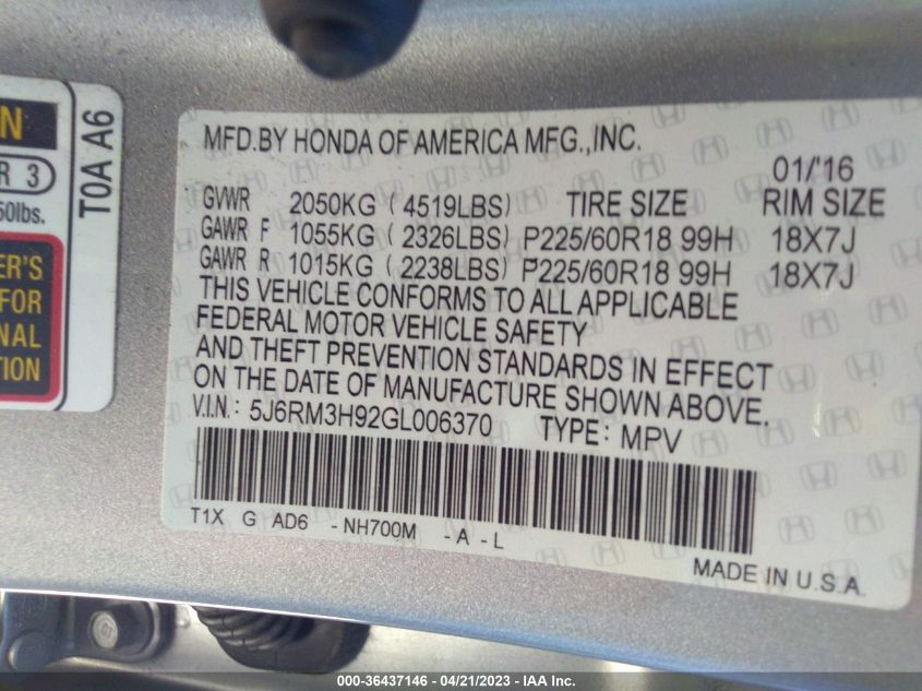 2016 HONDA CR-V TOURING - 5J6RM3H92GL006370