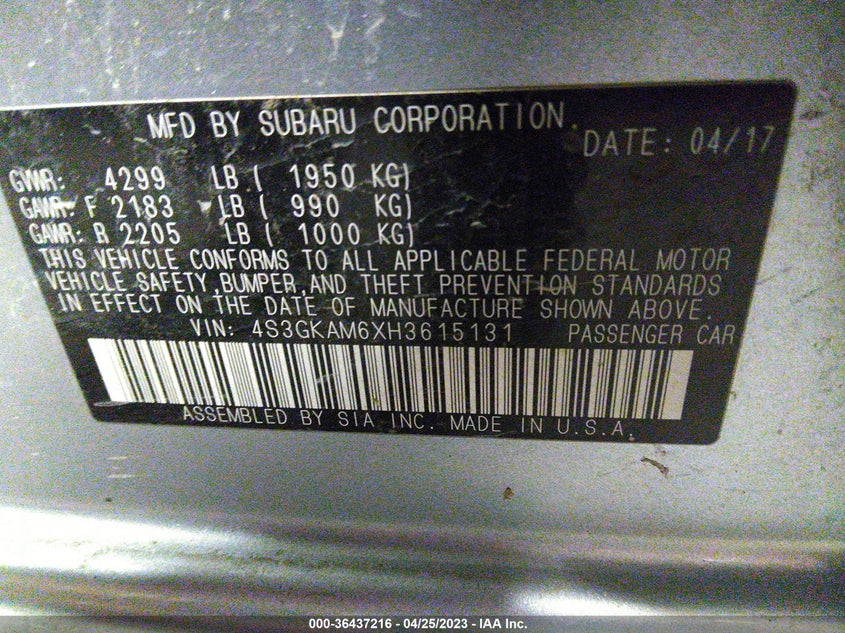 VIN 4S3GKAM6XH3615131 2017 SUBARU IMPREZA SPORT