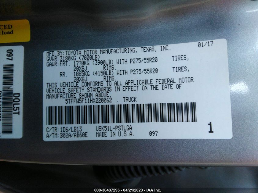 2017 TOYOTA TUNDRA 2WD LIMITED - 5TFFW5F11HX220062