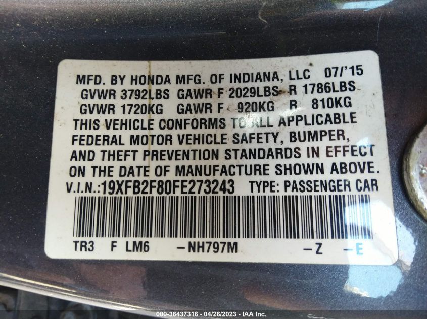 2015 HONDA CIVIC SEDAN EX - 19XFB2F80FE273243