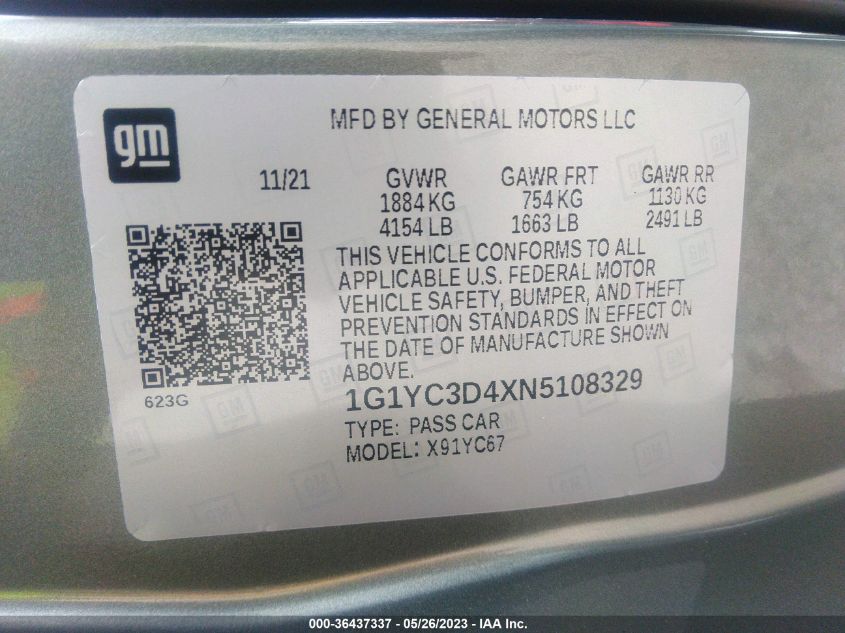 2022 CHEVROLET CORVETTE 3LT - 1G1YC3D4XN5108329