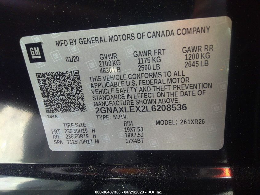 2020 CHEVROLET EQUINOX LT - 2GNAXLEX2L6208536