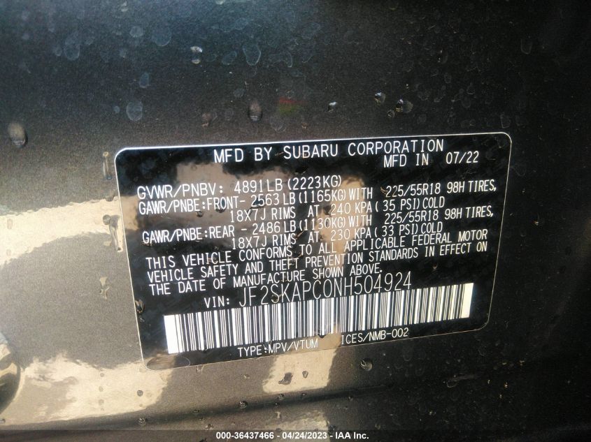 2022 SUBARU FORESTER LIMITED - JF2SKAPC0NH504924