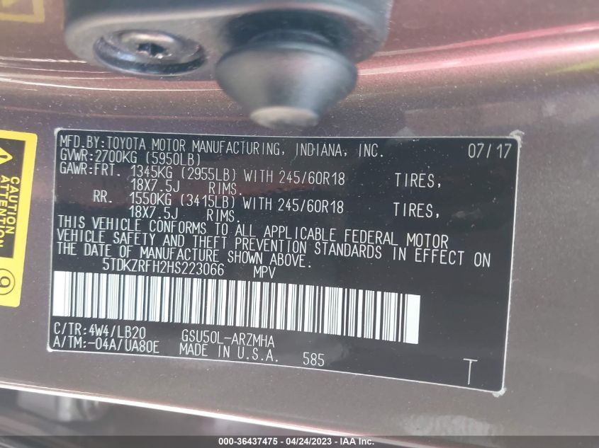2017 TOYOTA HIGHLANDER XLE/SE - 5TDKZRFH2HS223066