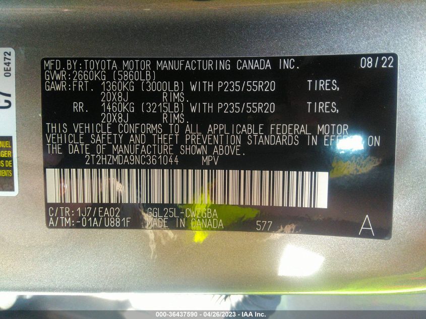 2022 LEXUS RX RX 350 - 2T2HZMDA9NC361044