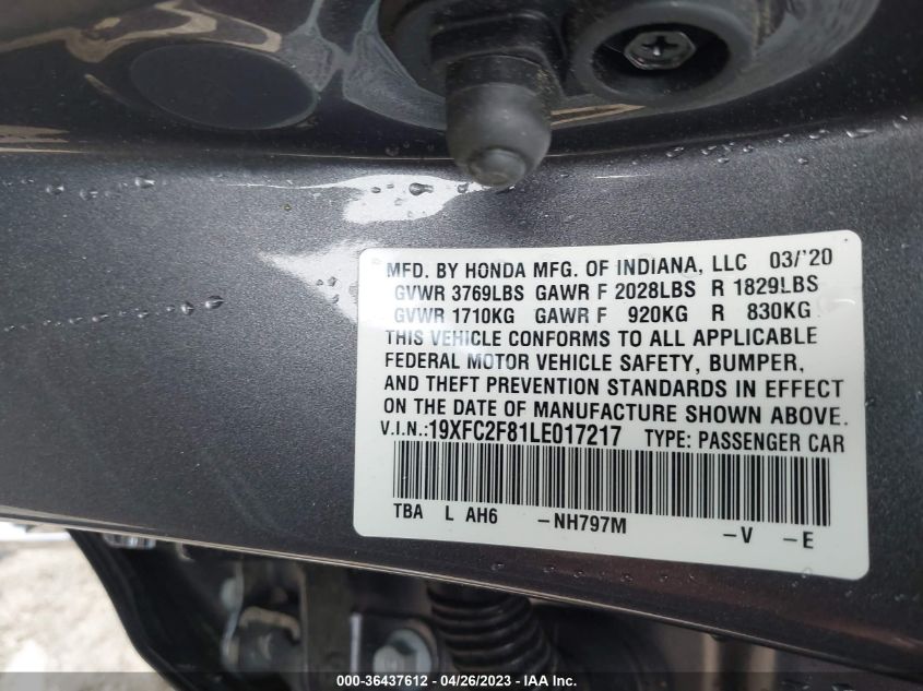 2020 HONDA CIVIC SEDAN SPORT - 19XFC2F81LE017217