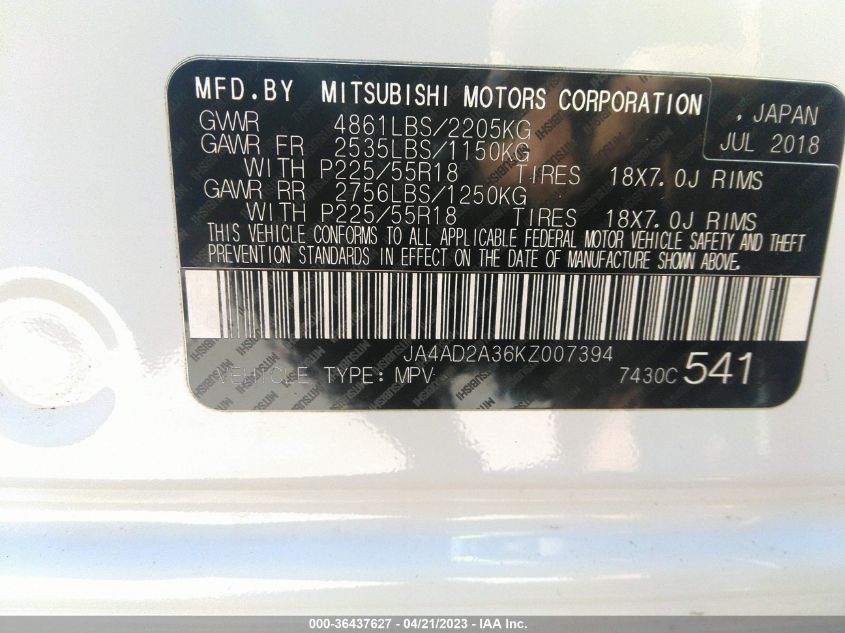 2019 MITSUBISHI OUTLANDER ES - JA4AD2A36KZ007394