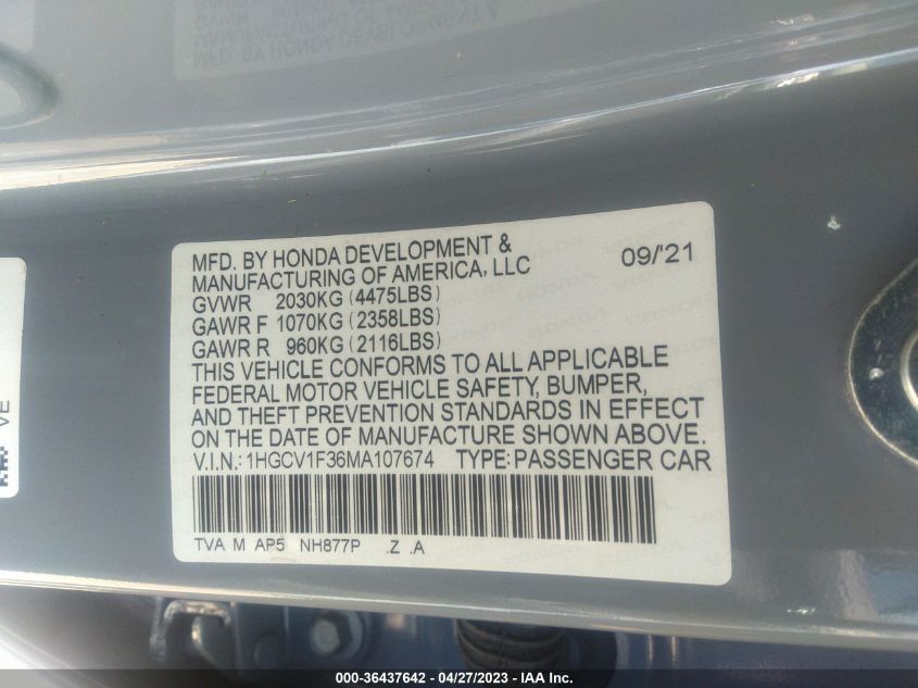 2021 HONDA ACCORD SEDAN SPORT - 1HGCV1F36MA107674