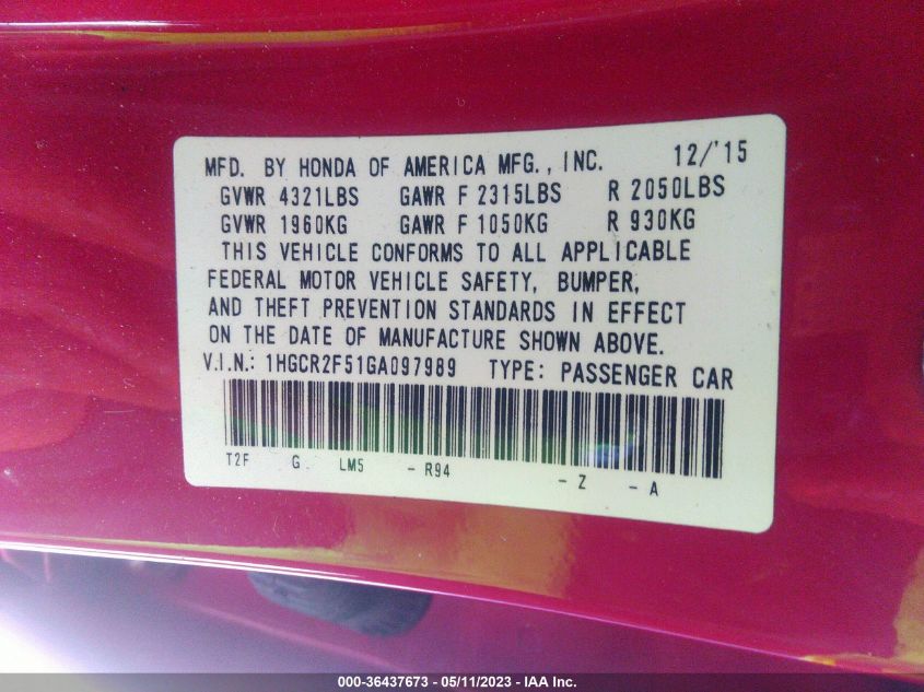 2016 HONDA ACCORD SEDAN SPORT - 1HGCR2F51GA097989