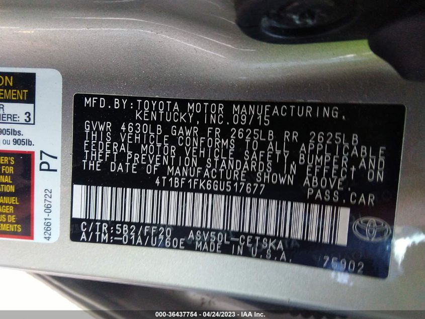2016 TOYOTA CAMRY XLE/SE/LE/XSE - 4T1BF1FK6GU517677