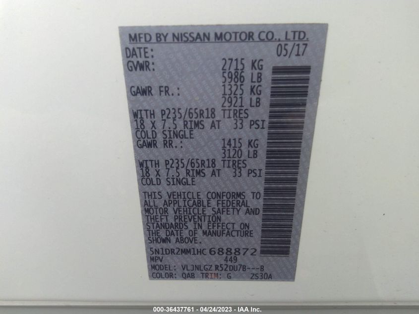 2017 NISSAN PATHFINDER SL - 5N1DR2MM1HC688872