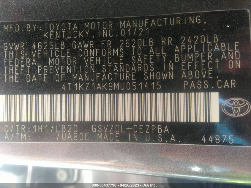 2021 TOYOTA CAMRY XSE V6 - 4T1KZ1AK9MU051415