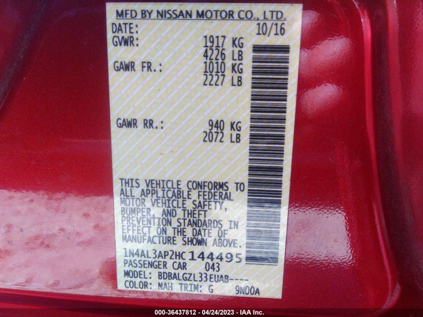 2017 NISSAN ALTIMA 2.5 S - 1N4AL3AP2HC144495