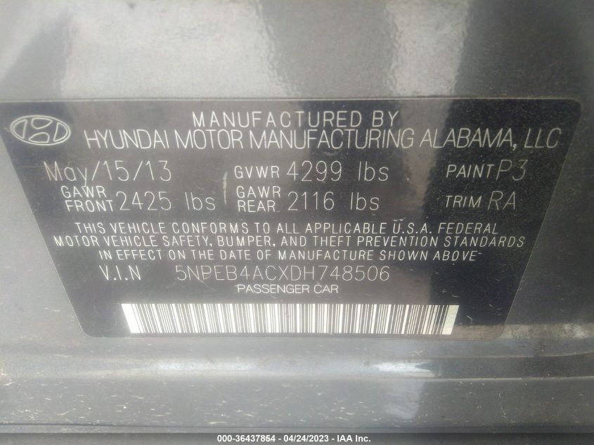 2013 HYUNDAI SONATA GLS - 5NPEB4ACXDH748506