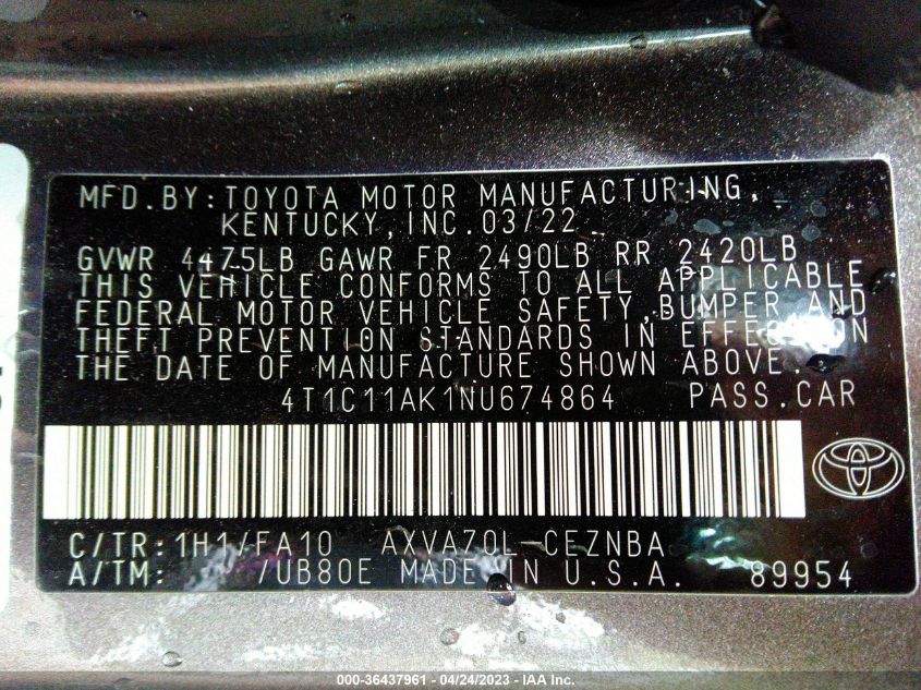 2022 TOYOTA CAMRY LE - 4T1C11AK1NU674864