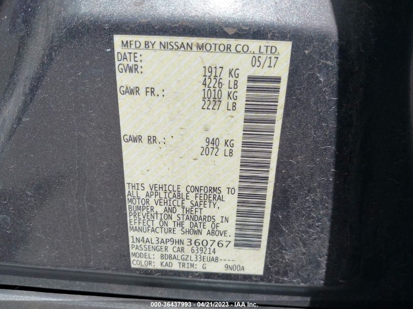 2017 NISSAN ALTIMA 2.5 S - 1N4AL3AP9HN360767