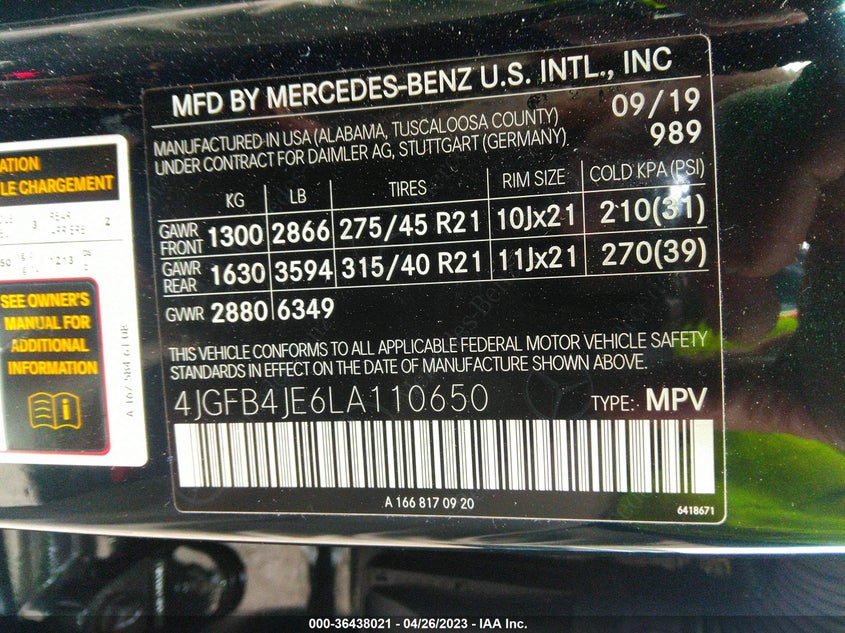 VIN 4JGFB4JE6LA110650 2020 MERCEDES-BENZ GLE GLE 350