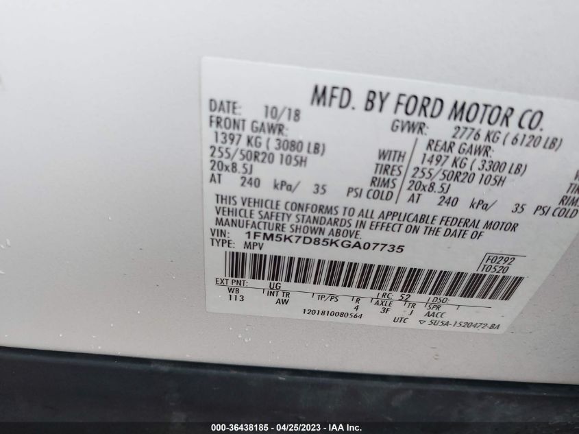 2019 FORD EXPLORER XLT - 1FM5K7D85KGA07735