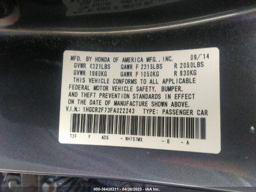 2015 HONDA ACCORD SEDAN EX - 1HGCR2F73FA022243