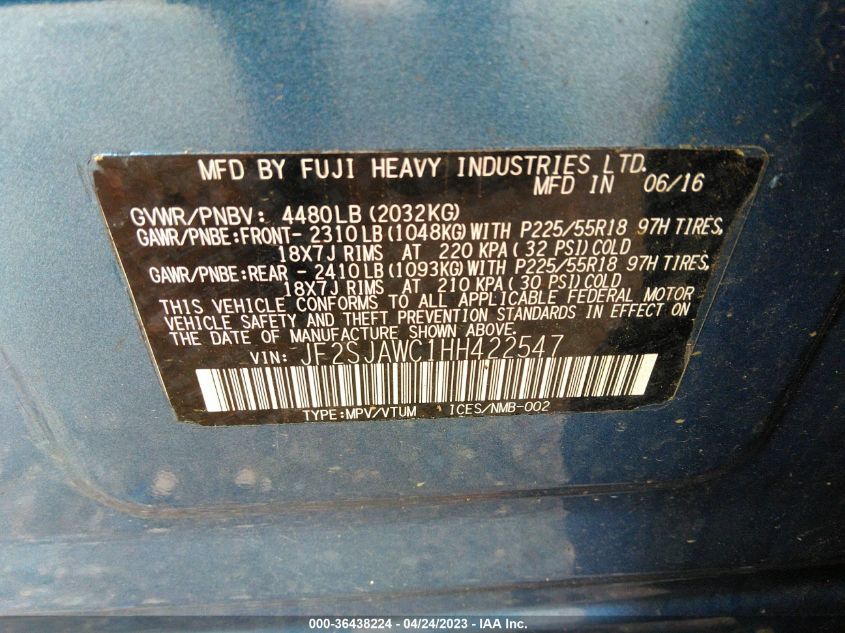 2017 SUBARU FORESTER TOURING - JF2SJAWC1HH422547