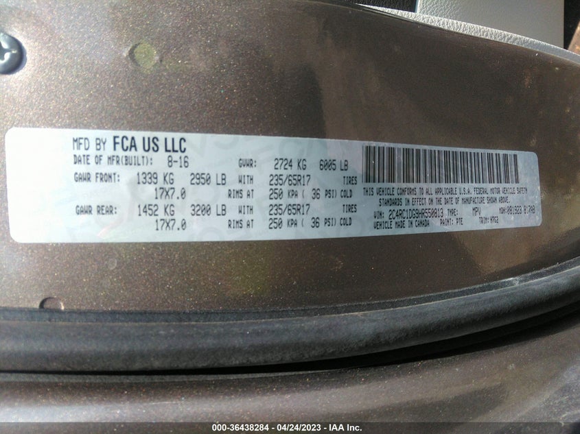 VIN 2C4RC1DG9HR550813 2017 CHRYSLER PACIFICA TOURING