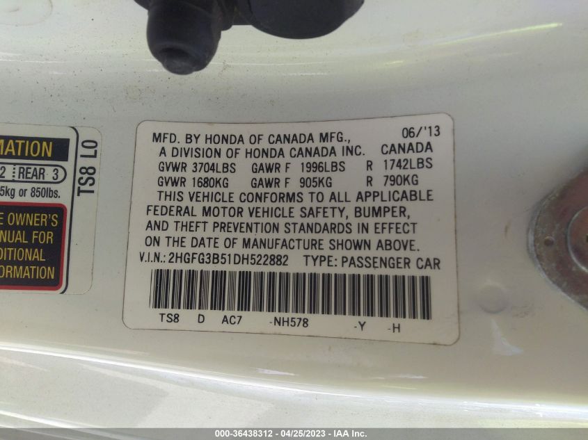 2013 HONDA CIVIC CPE LX - 2HGFG3B51DH522882