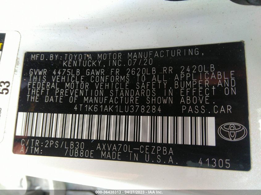2020 TOYOTA CAMRY XSE - 4T1K61AK1LU378284