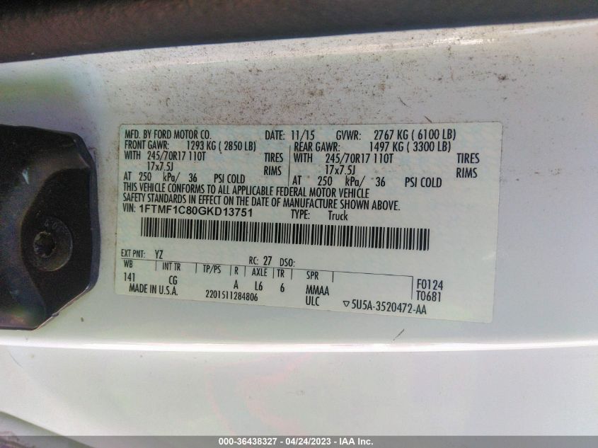 2016 FORD F-150 XL/XLT - 1FTMF1C80GKD13751