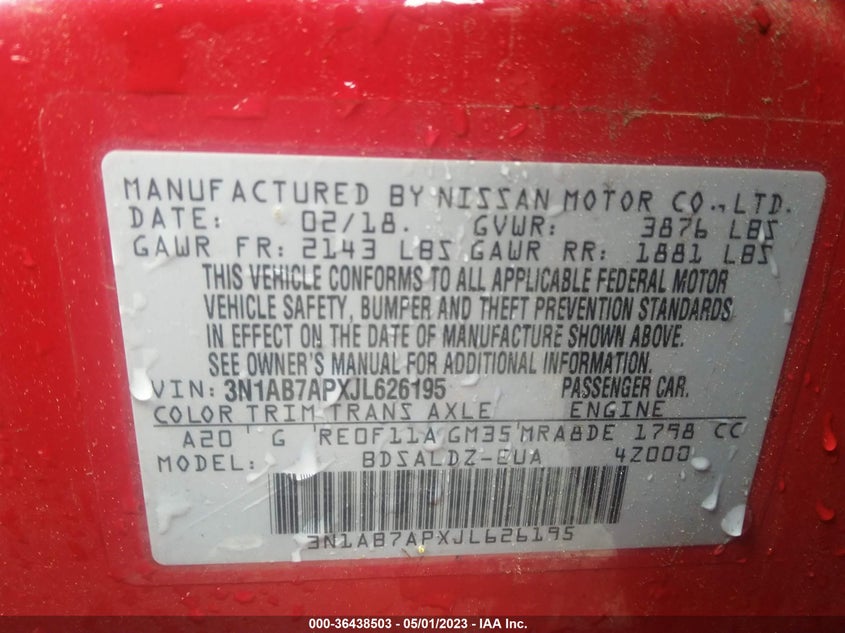 VIN 3N1AB7APXJL626195 2018 NISSAN SENTRA SV