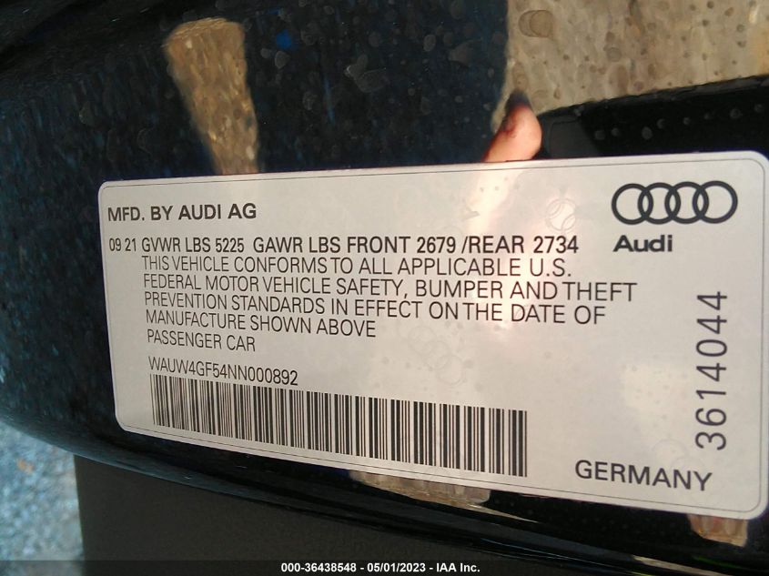2022 AUDI S5 CABRIOLET PREMIUM PLUS - WAUW4GF54NN000892